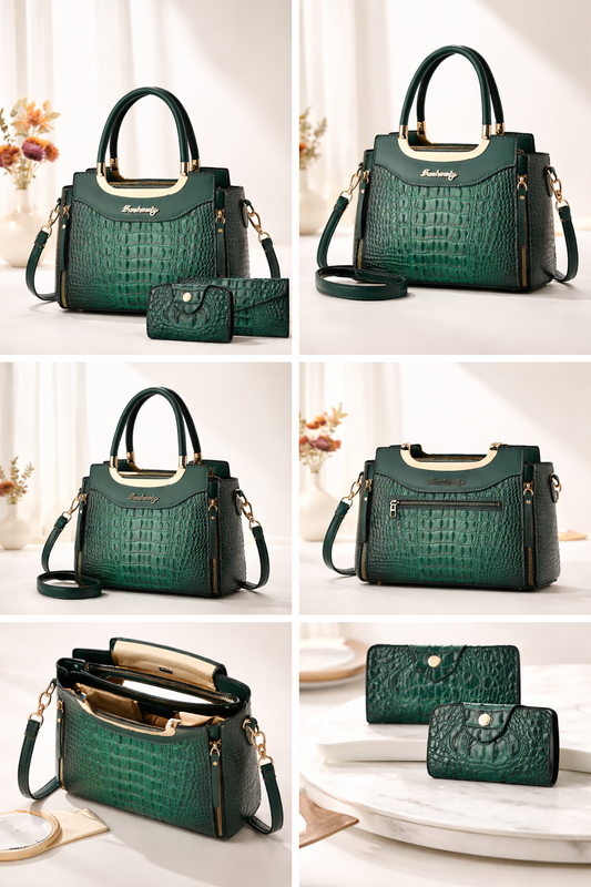 Sac à main femme en cuir effet croco – Vert émeraude ✨